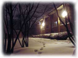 La Salle North Dorms, outside St. George Hall, with finely drifted snow